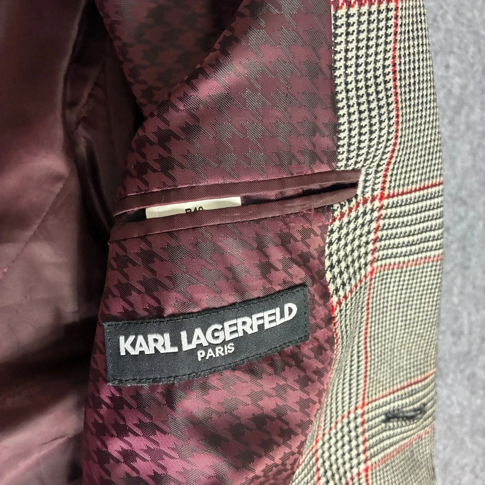 Karl Lagerfeld Paris Mens Glen Plaid Blazer Gray Red Check Sport Coat 40R 42R